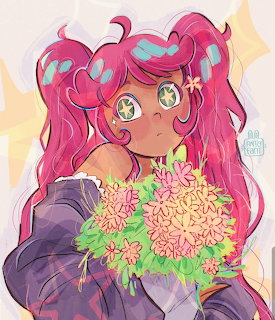 Anime girl with long pink hair and yellow eyes holding flowers