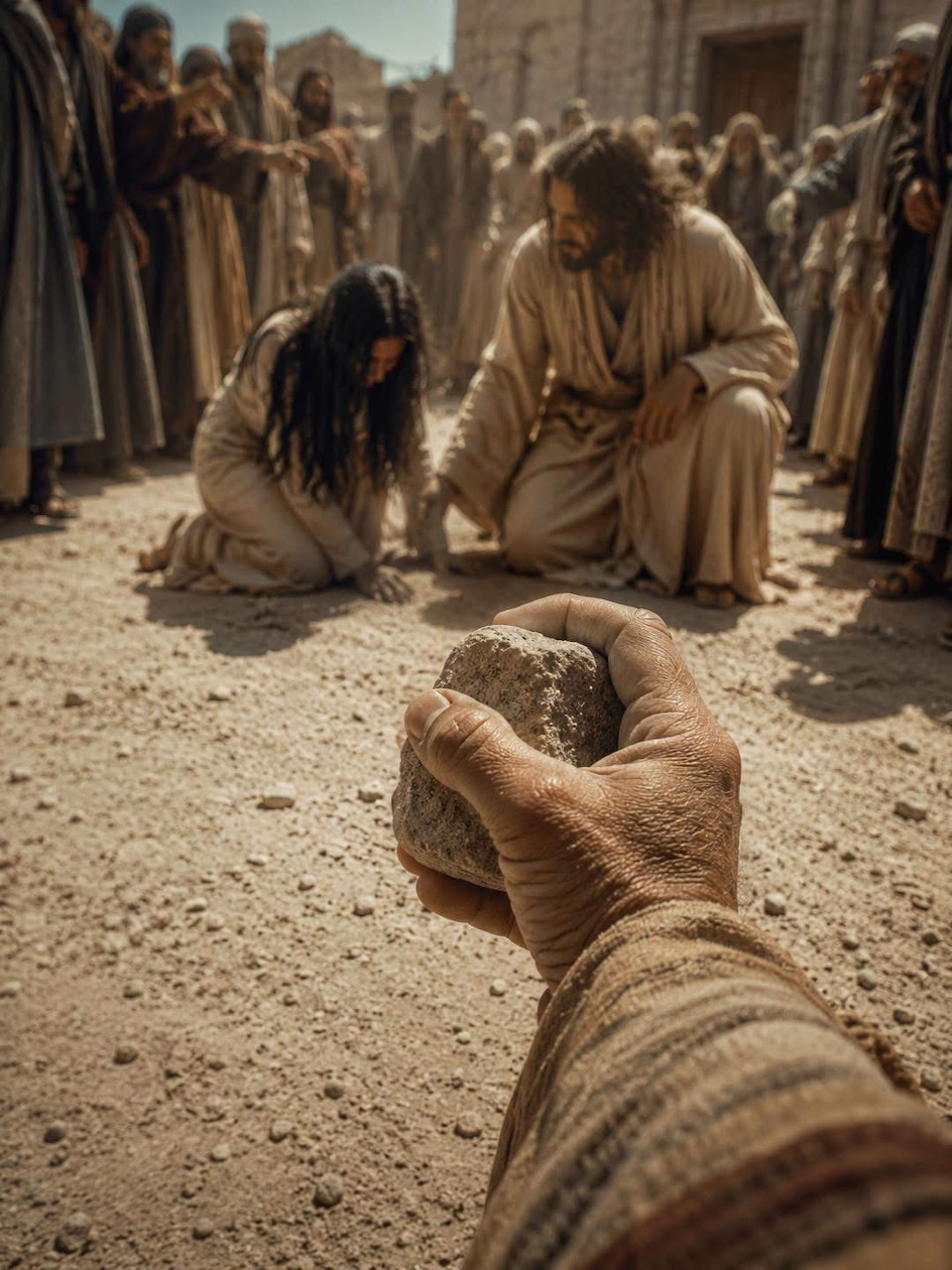 Hand holding a stone toward a kneeling woman and man surrounded by a crowd in a dusty settlement.