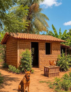 Rustic mud house with tile roof, tropical plants, and two dogs in a rural Brazilian setting