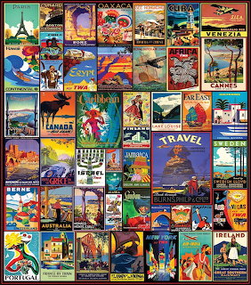 Grid collage of vintage travel advertisement posters showcasing various international destinations in retro art style