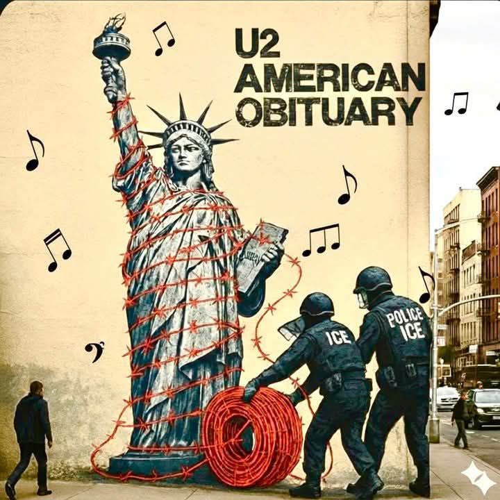Street art mural of the Statue of Liberty wrapped in red wire beside police officers, with U2 American Obituary text