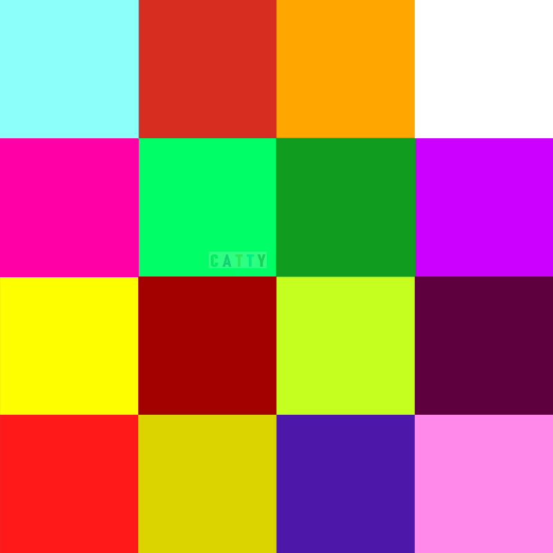 Grid of sixteen brightly colored squares in red, yellow, green, blue, purple, pink, orange, and cyan