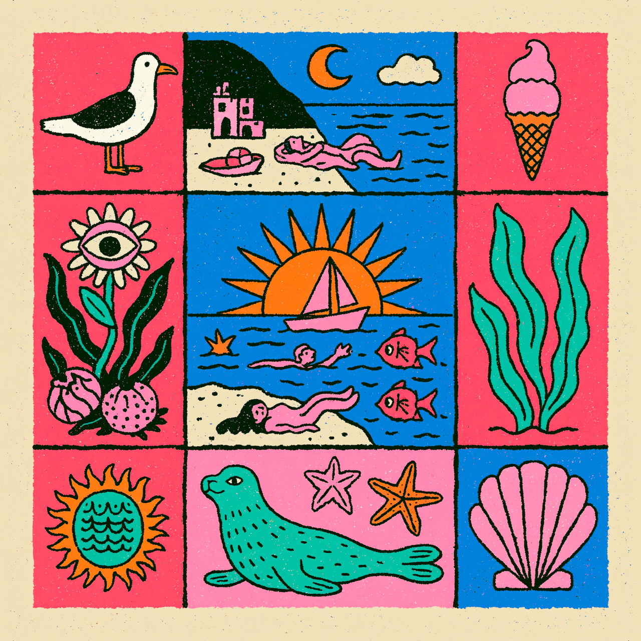 Nine-panel illustration grid with coastal and beach themed imagery in pink, blue, and coral colors