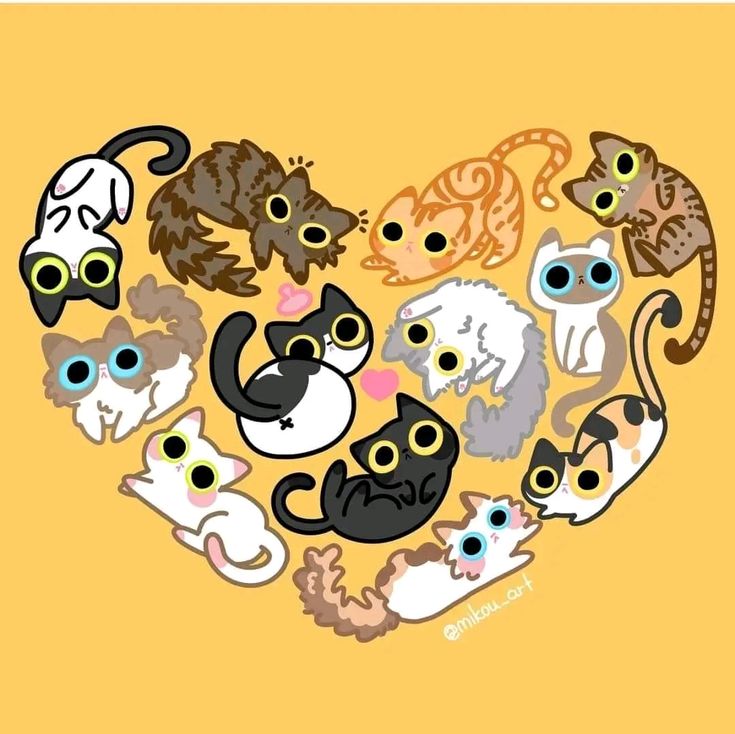 Cartoon cats arranged in heart shape on yellow background