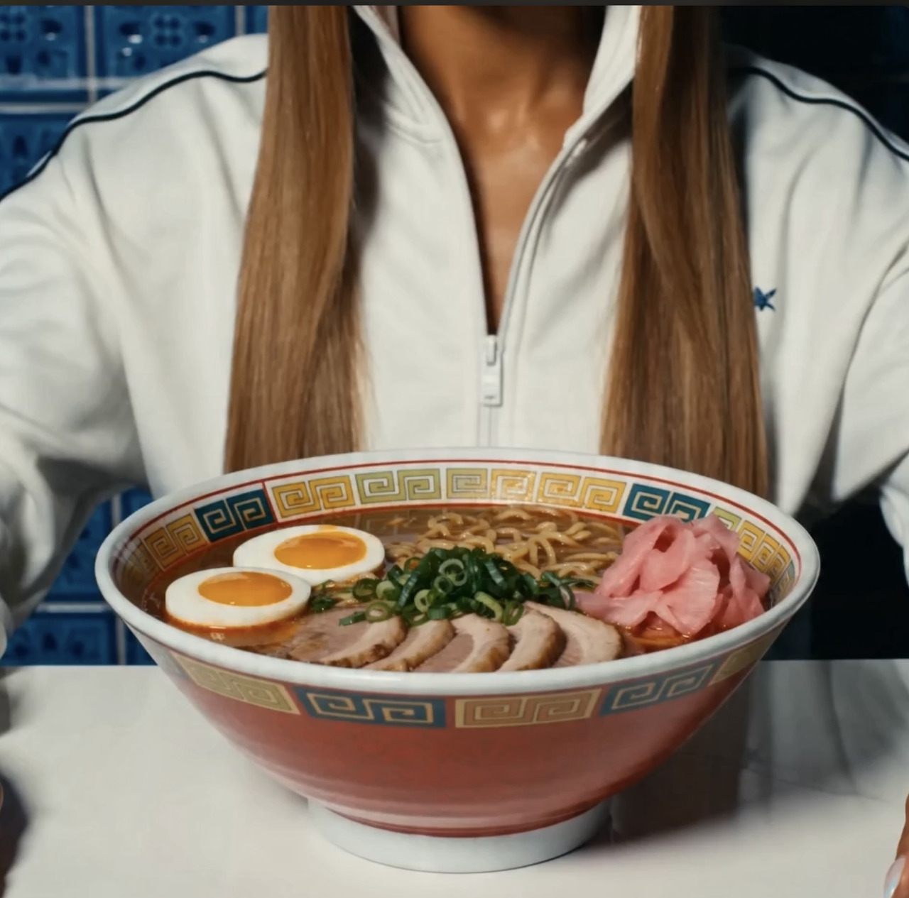 Person holding bowl of ramen with eggs, pork, and green onions