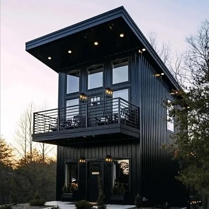 Two-story modern black house with vertical siding, large windows, balcony, and exterior lights at dusk