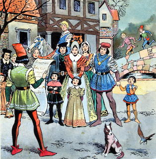 Illustrated medieval scene with princesses and royal figures in colorful costumes in a village square