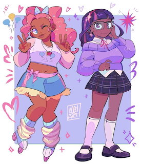 Anime-style illustration of two girls in pastel outfits posing on a light purple background