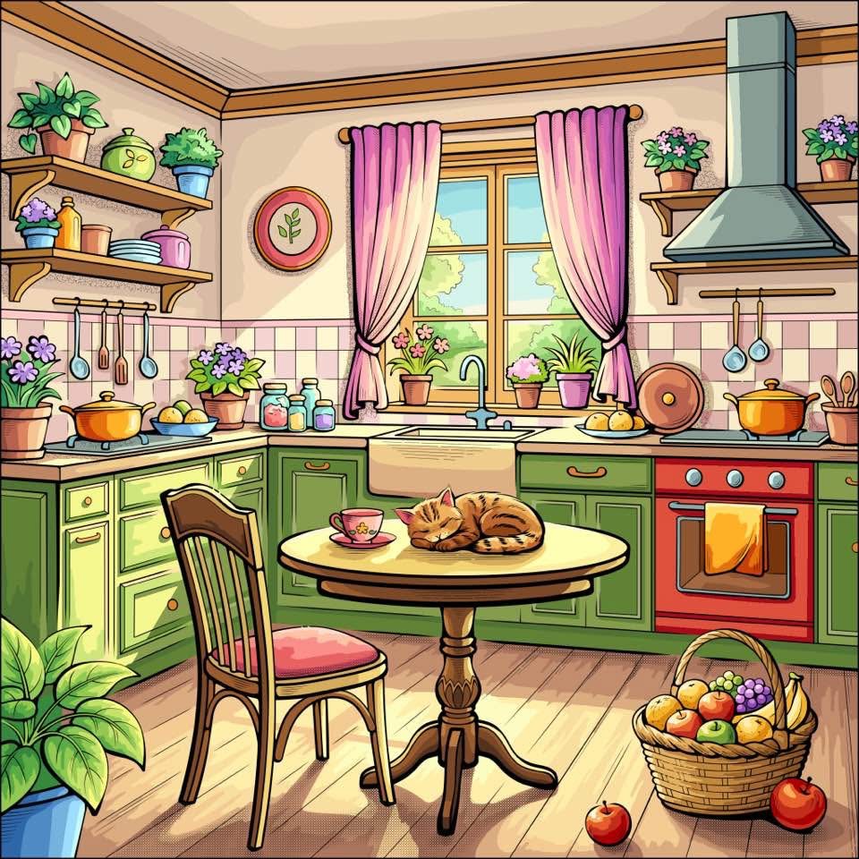 Cheerful illustrated kitchen with green cabinets, round table, pink curtains, plants, and baked bread