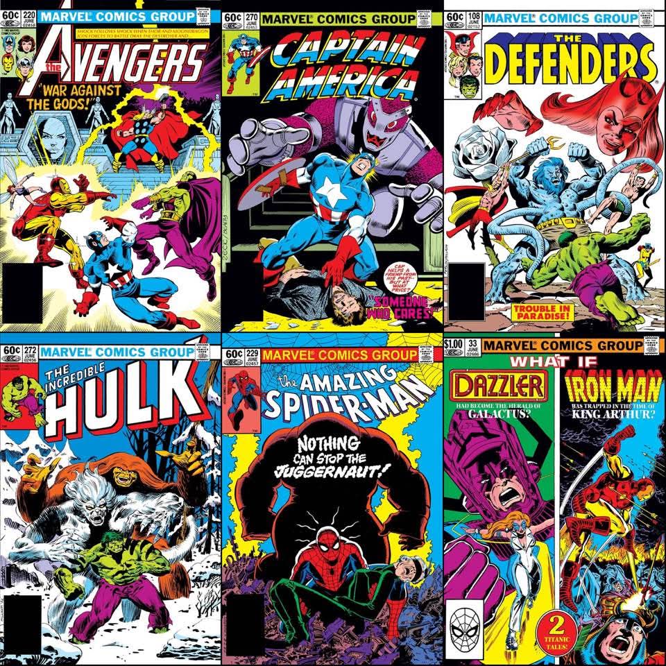 Grid of vintage Marvel Comics covers showing classic superhero characters in colorful action scenes