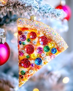 Glittery pizza slice ornament with rainbow sprinkles hanging on Christmas tree
