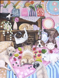 Painting of several dogs around a tea party table in a pastel-decorated room