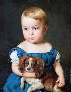 Portrait painting of a young girl in a blue dress holding a small brown and white spaniel