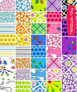 Colorful patchwork grid of various fabric patterns including dots, florals, geometric designs and prints