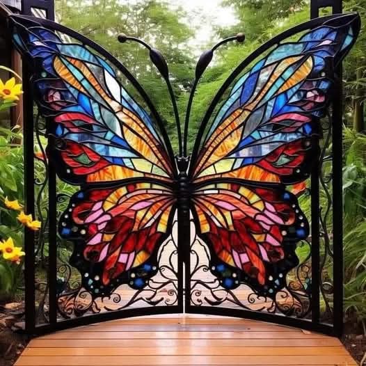Ornate stained glass butterfly gate with rainbow colors and black metal frame in garden setting