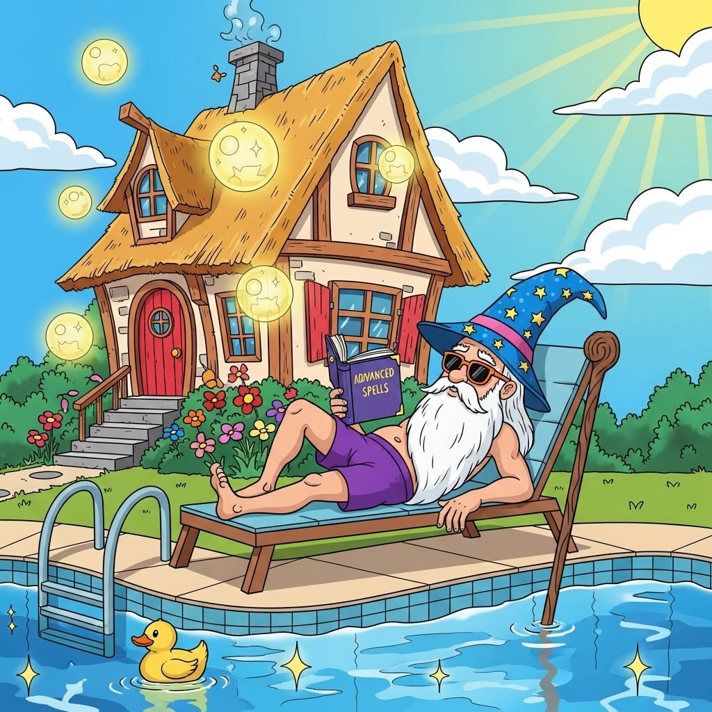 Cartoon gnome in a wizard hat lounging by a pool beside a cottage with a rubber duck in the water