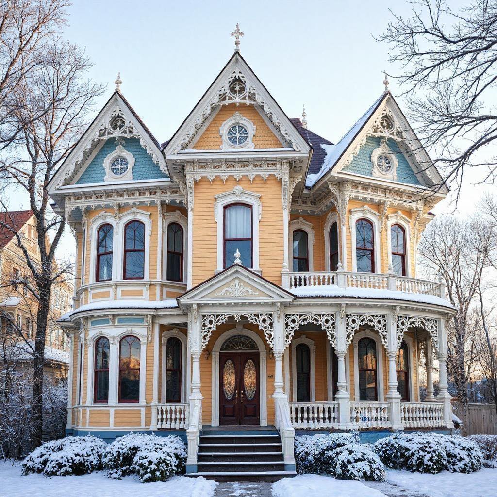Ornate Victorian mansion with blue and yellow facade covered in light snow
