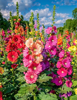 Tall hollyhock flowers in multiple bright colors against blue sky