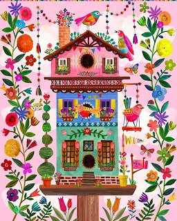 Colorful illustrated birdhouse with birds, flowers, and vines on a pink background