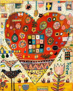 Folk art painting of red heart with colorful flowers and geometric patterns surrounded by whimsical figures
