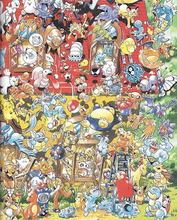 Crowded collage of various Pokémon characters in colorful cartoon style with red, yellow, blue and green tones