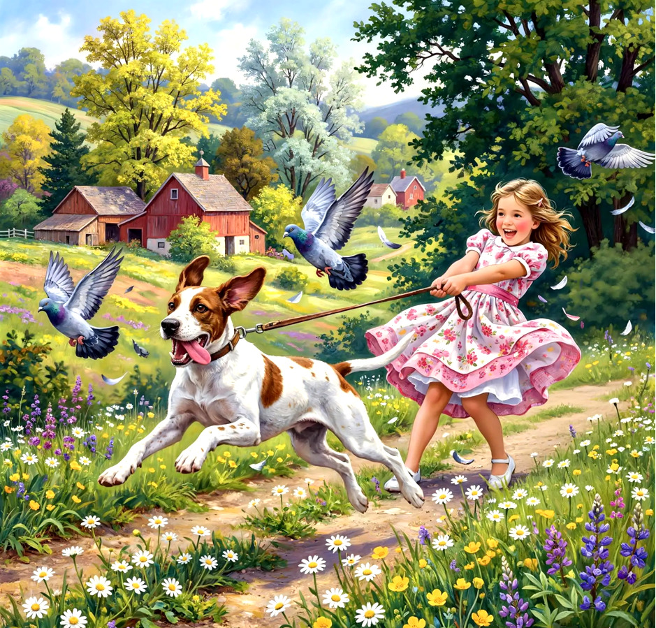Girl in pink dress walking playful dog on rural path with birds and wildflowers