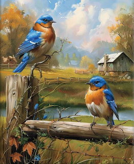 Two blue and orange bluebirds on wooden fence posts with farm and pond in background