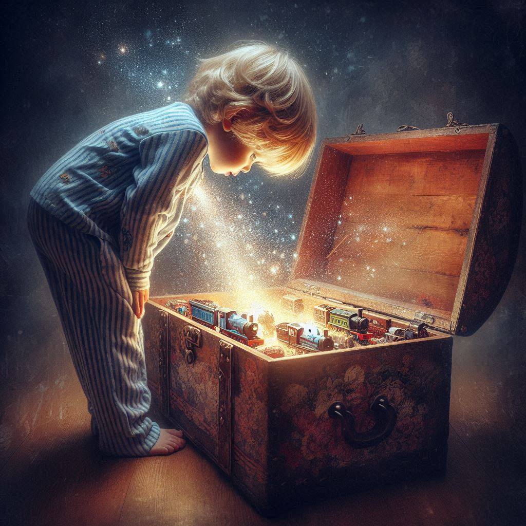 Child in striped pajamas looking into a glowing treasure chest filled with toy trains and magical sparkles