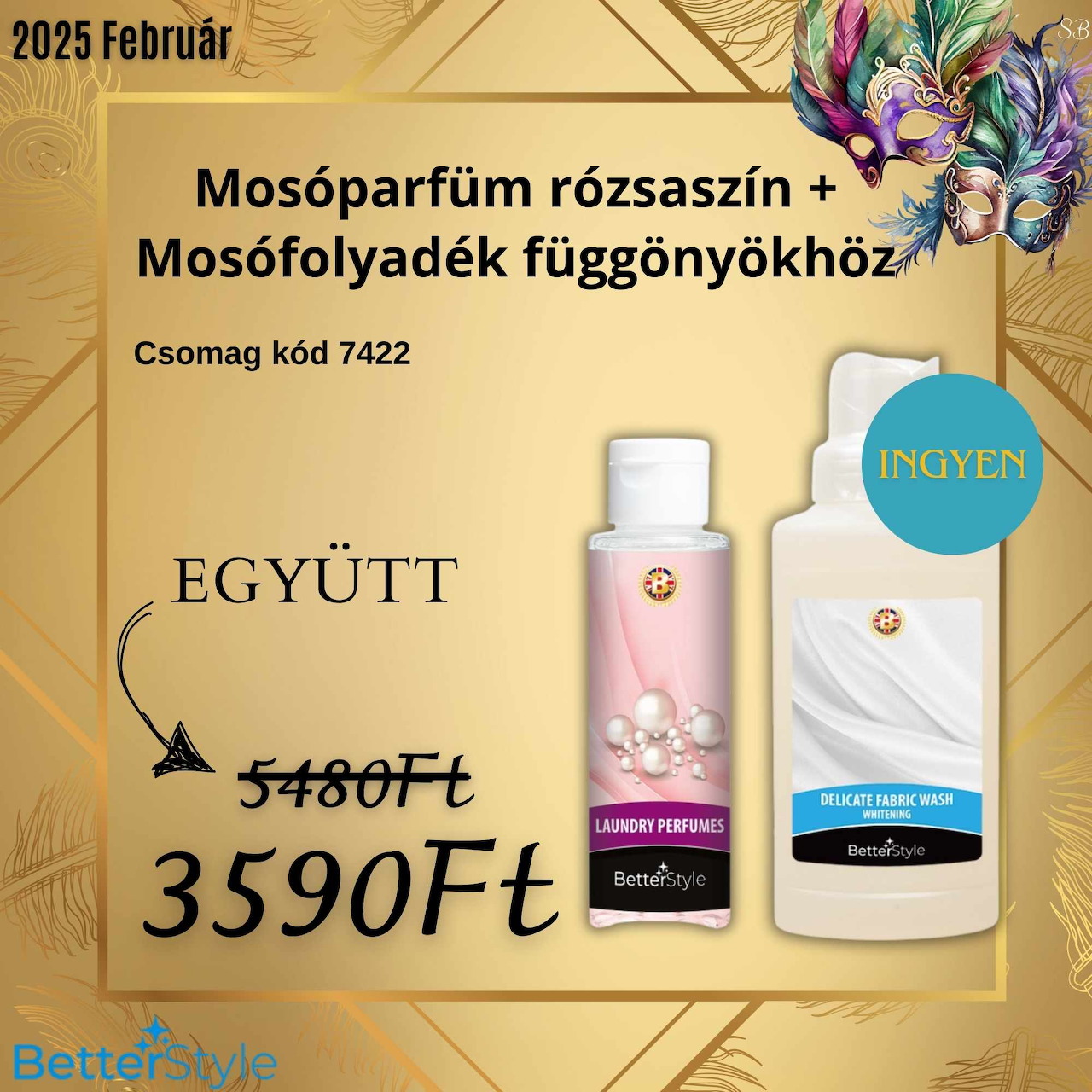 Promotional graphic showing two laundry product bottles on a gold background with Hungarian text