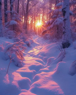 Snowy forest path at sunset with orange glow through snow-covered trees and blue-purple shadows on snow