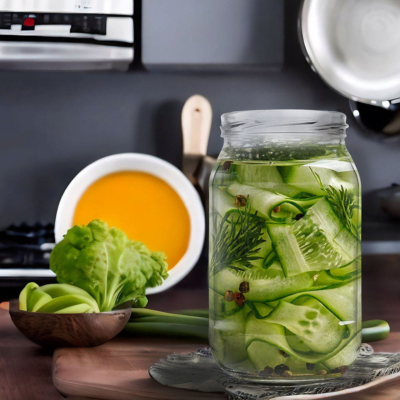 Glass jar of sliced cucumbers with dill and herbs on a cutting board in a kitchen