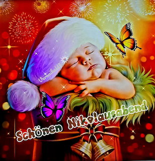 Sleeping baby with purple hat surrounded by butterflies and fireworks in colorful festive scene