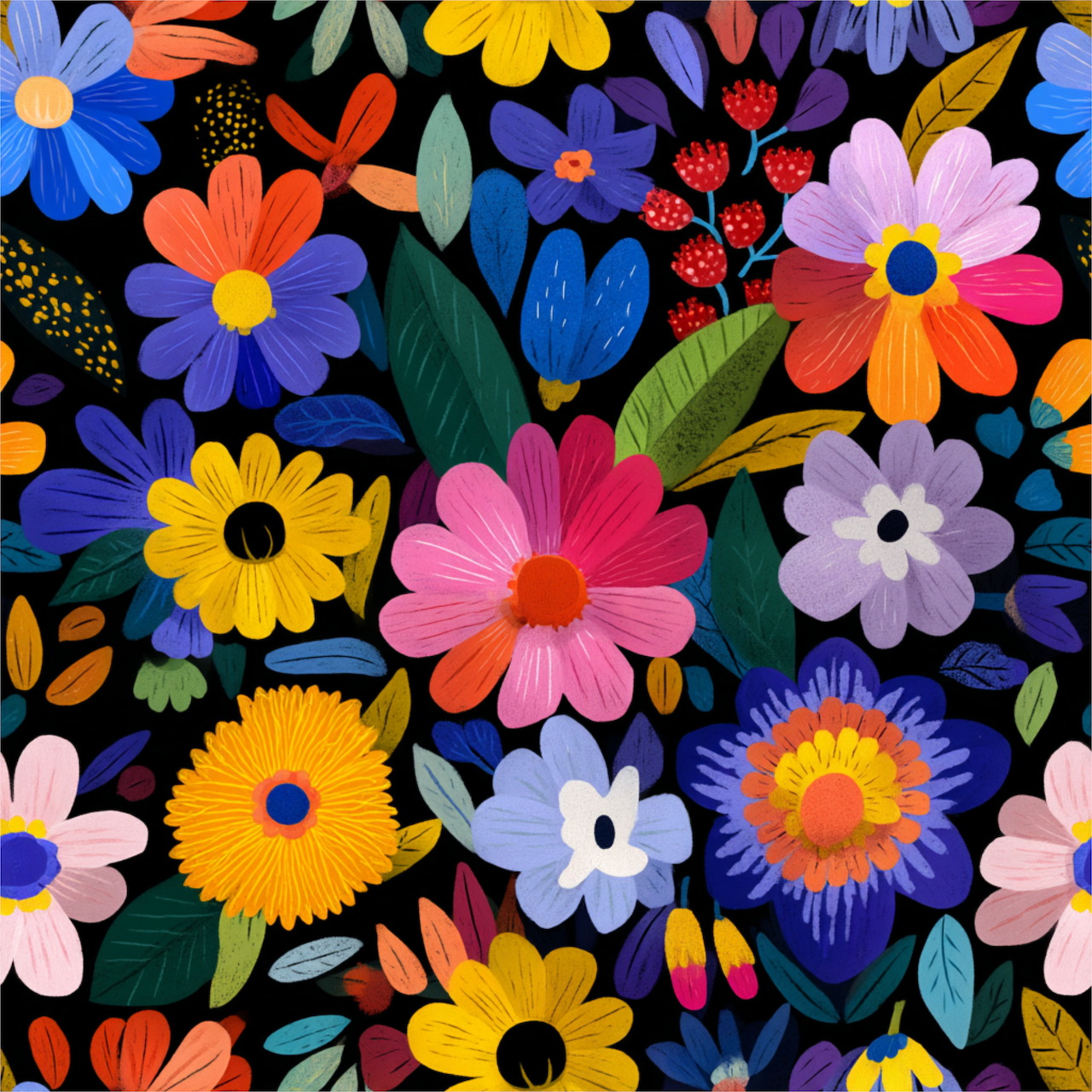 Colorful illustrated flowers with varied petals in bright hues on dark background