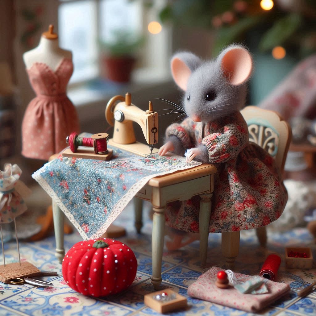 Cute mouse figurine sitting at miniature sewing table with small sewing machine and crafting supplies