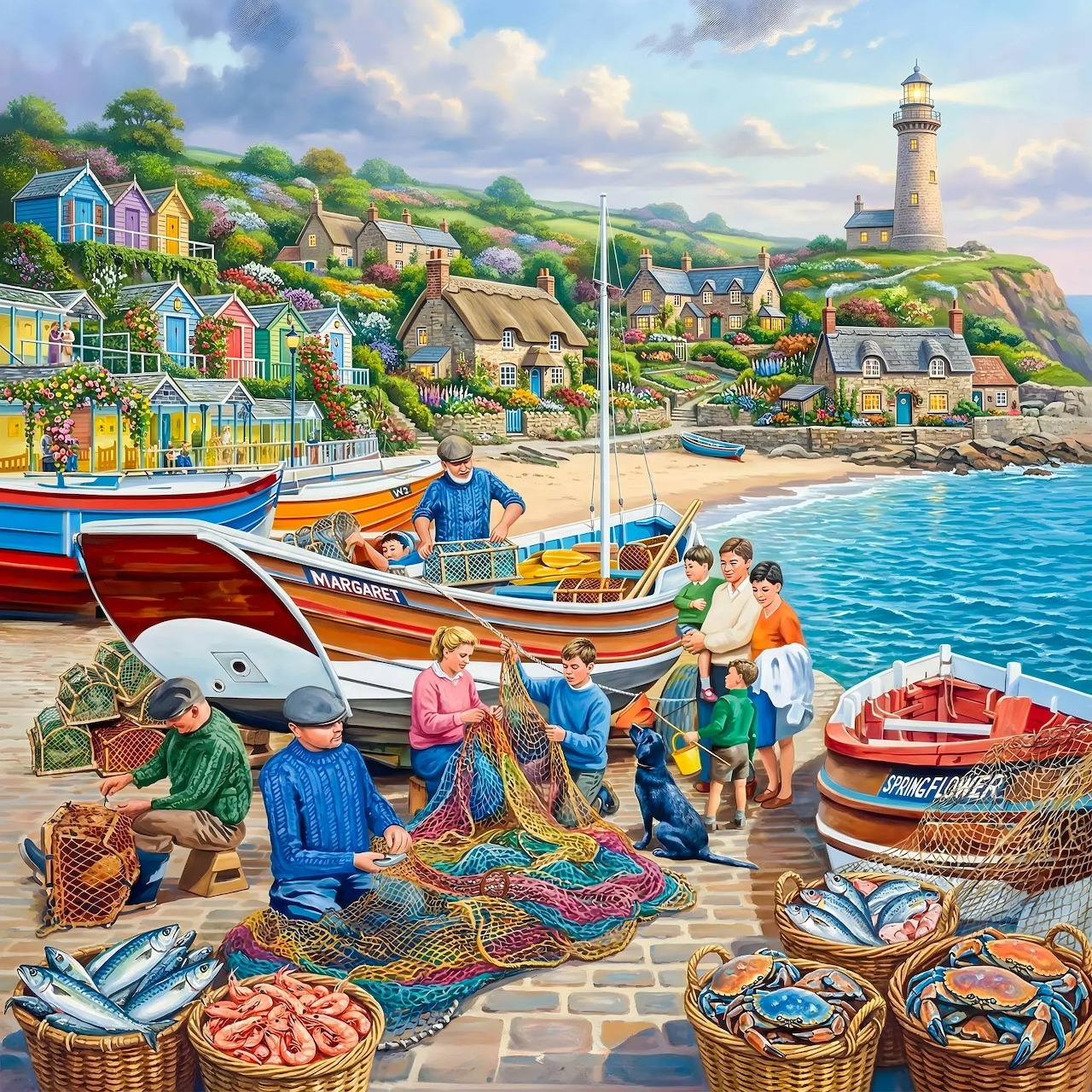 Painting of fishing village with lighthouse, boats, fishermen working with nets and baskets on waterfront dock