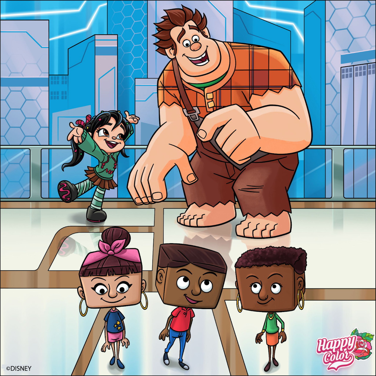 Cartoon characters Ralph and Vanellope with three children in a bright digital world setting