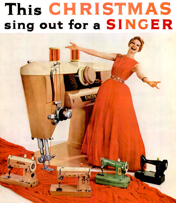 Vintage Christmas ad showing woman in orange dress with Singer sewing machines and gift boxes
