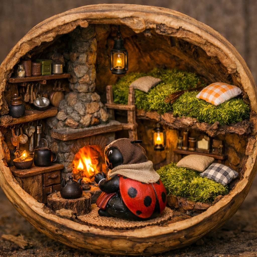 Fantasy walnut shell cottage interior with a ladybug sitting by a fireplace