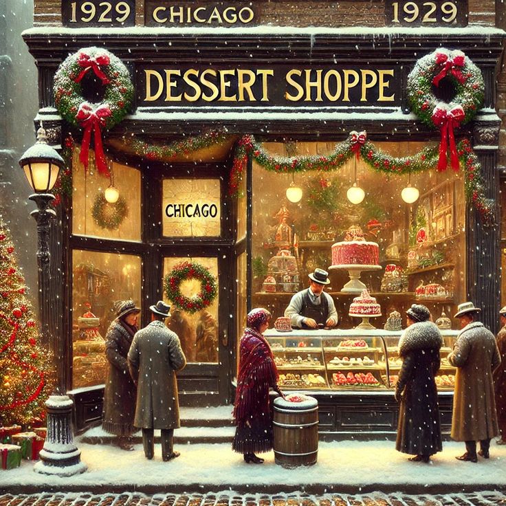 Vintage 1929 Chicago dessert shop with festive decorations and people looking at pastries in snowy scene