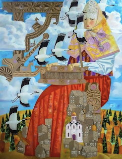 Folk art princess with flying geese above a stylized village and clouds