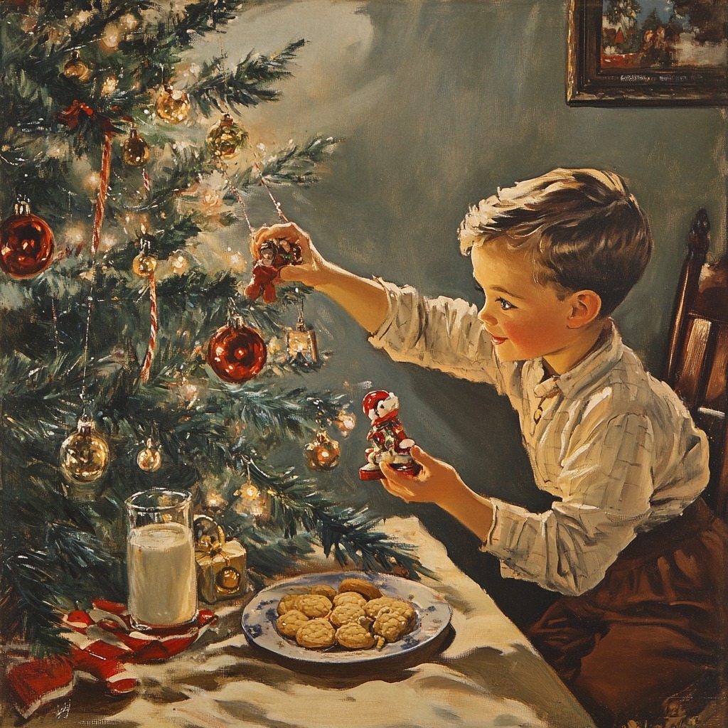 Boy in white pajamas decorating a Christmas tree with red and gold ornaments, milk and cookies on table beside him