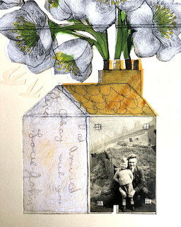 Mixed-media house collage with white flowers above the roof and a vintage black-and-white photo on the wall