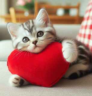 Tabby kitten with blue eyes hugging red heart-shaped pillow on table