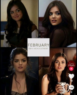 Collage of four photos of Aria Montgomery from Pretty Little Liars with February text overlay