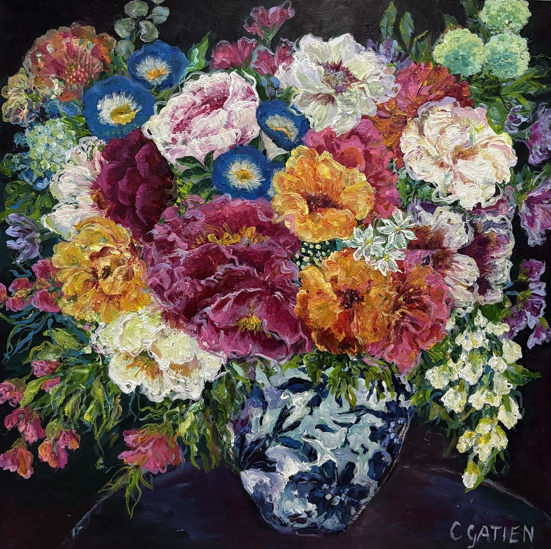 Colorful oil painting of flowers in ornate blue vase on dark background