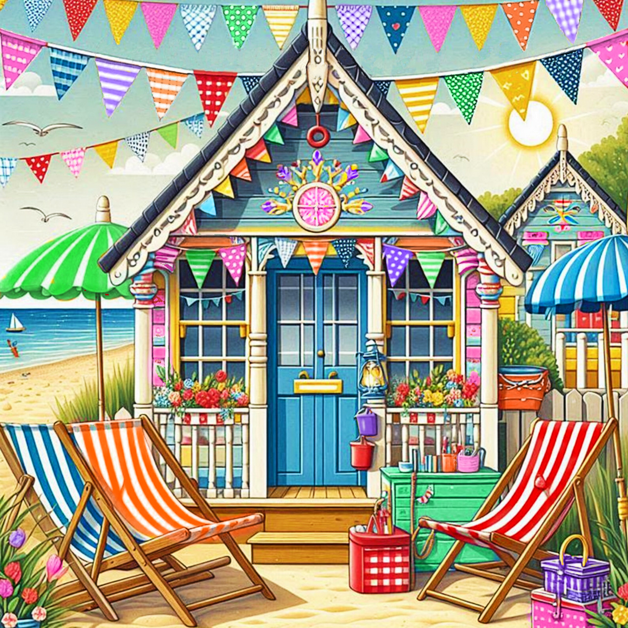 Colorful illustrated beach hut with striped chairs, bunting, flowers and ocean backdrop in whimsical folk art style