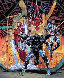 Marvel Comics artwork showing Spider-Man and spider-heroes in dramatic action poses with a glowing city background.