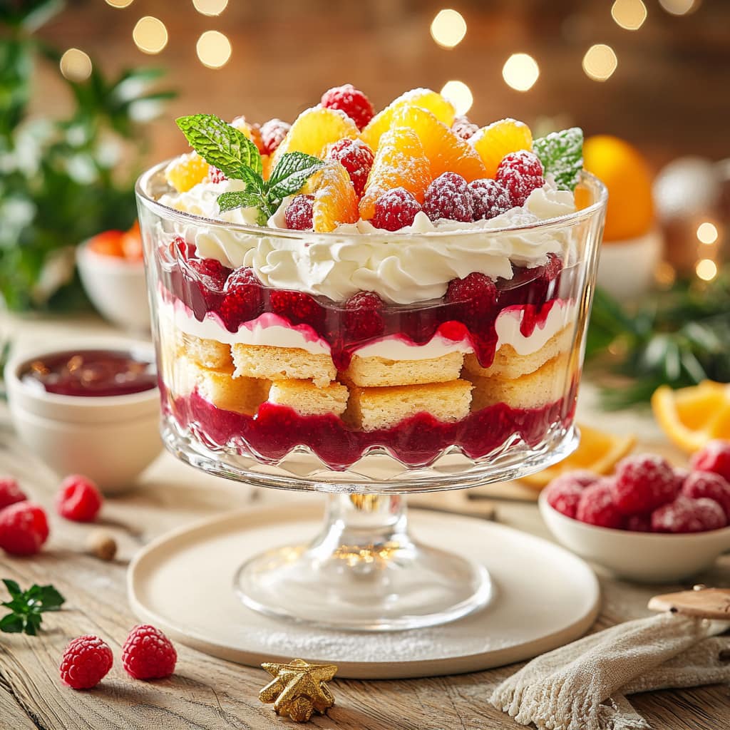 Layered Christmas trifle with berries, cream, and fruit in glass serving bowl