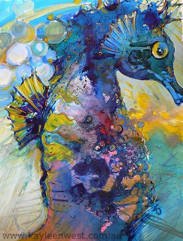 Colorful textured seahorse art with blue body, yellow fins, beads and mixed media embellishments