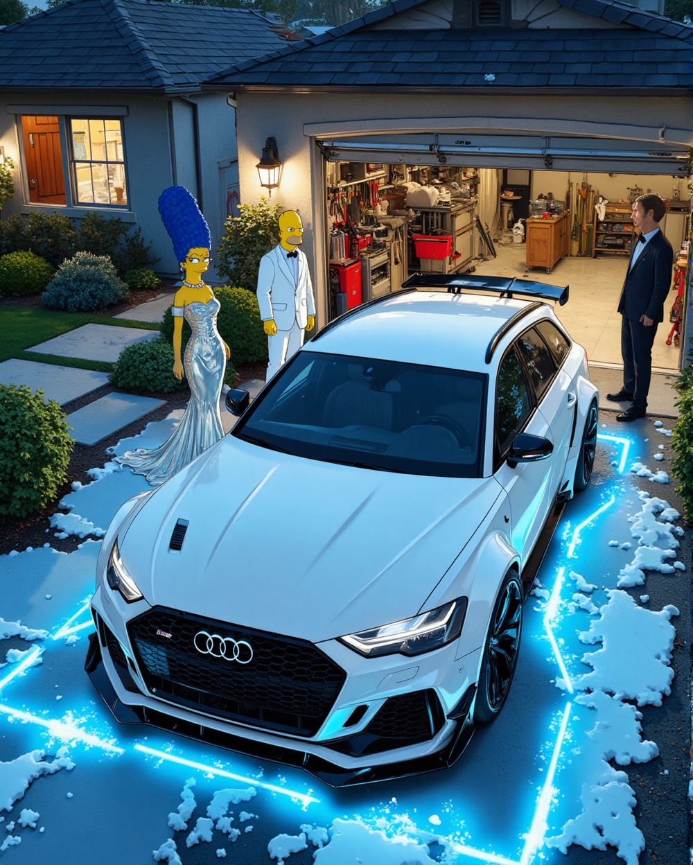 White Audi RS car with blue neon underglow parked in driveway beside Marge Simpson cartoon character and a man in a suit